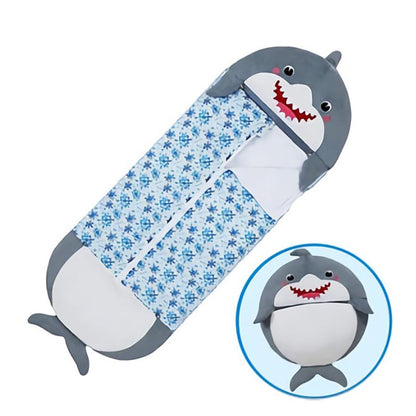 Cozy kids' plush animal sleeping bag with pillow, easy to roll for travel or storage.