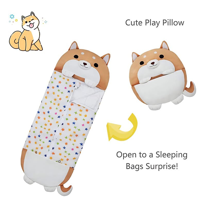 Delightful animal-themed plush sleeping bag for children, including an attached pillow.