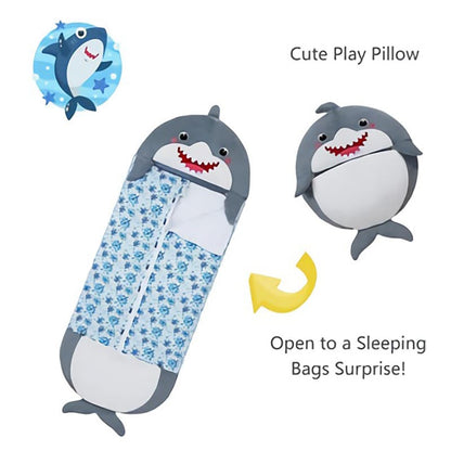 Comfortable kids' roll-up sleeping bag, plush animal design with integrated soft pillow.