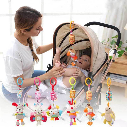 Plush baby animal musical hanging toy for strollers & cribs, promoting infant sensory development.