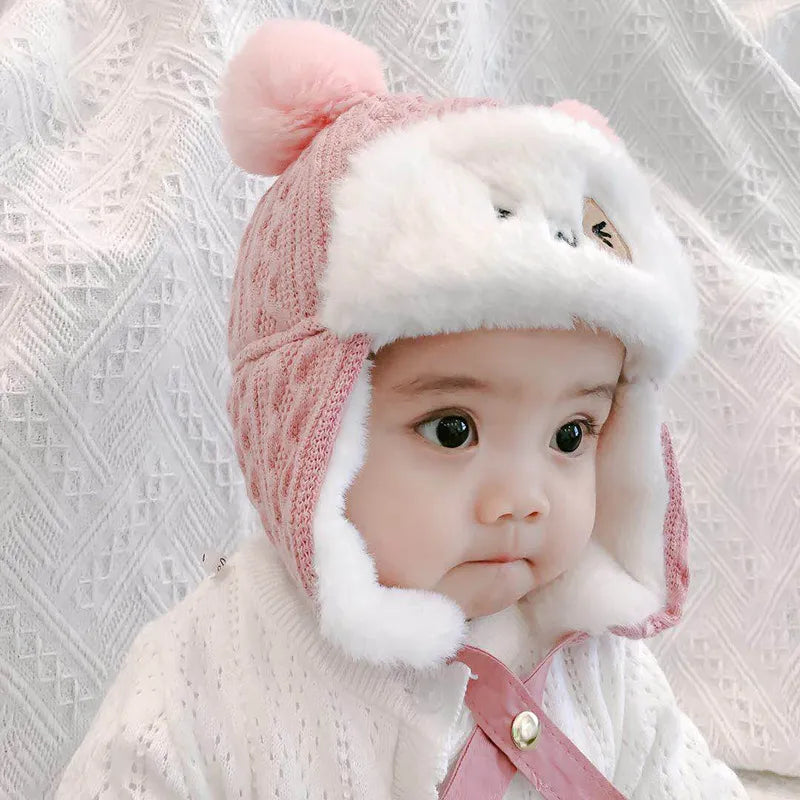 Plush baby winter hat, unisex infant cap for 6-24 months, cozy autumn winter baby accessory, faux leather accents