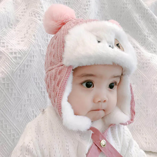 Plush baby winter hat, unisex infant cap for 6-24 months, cozy autumn winter baby accessory, faux leather accents