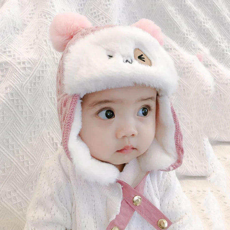Cute plush baby cap, warm infant autumn winter hat, neutral design for boys and girls, 6-24 months