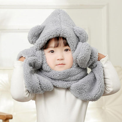Brown plush bear ear scarf hat, designed for optimal warmth & comfort in winter