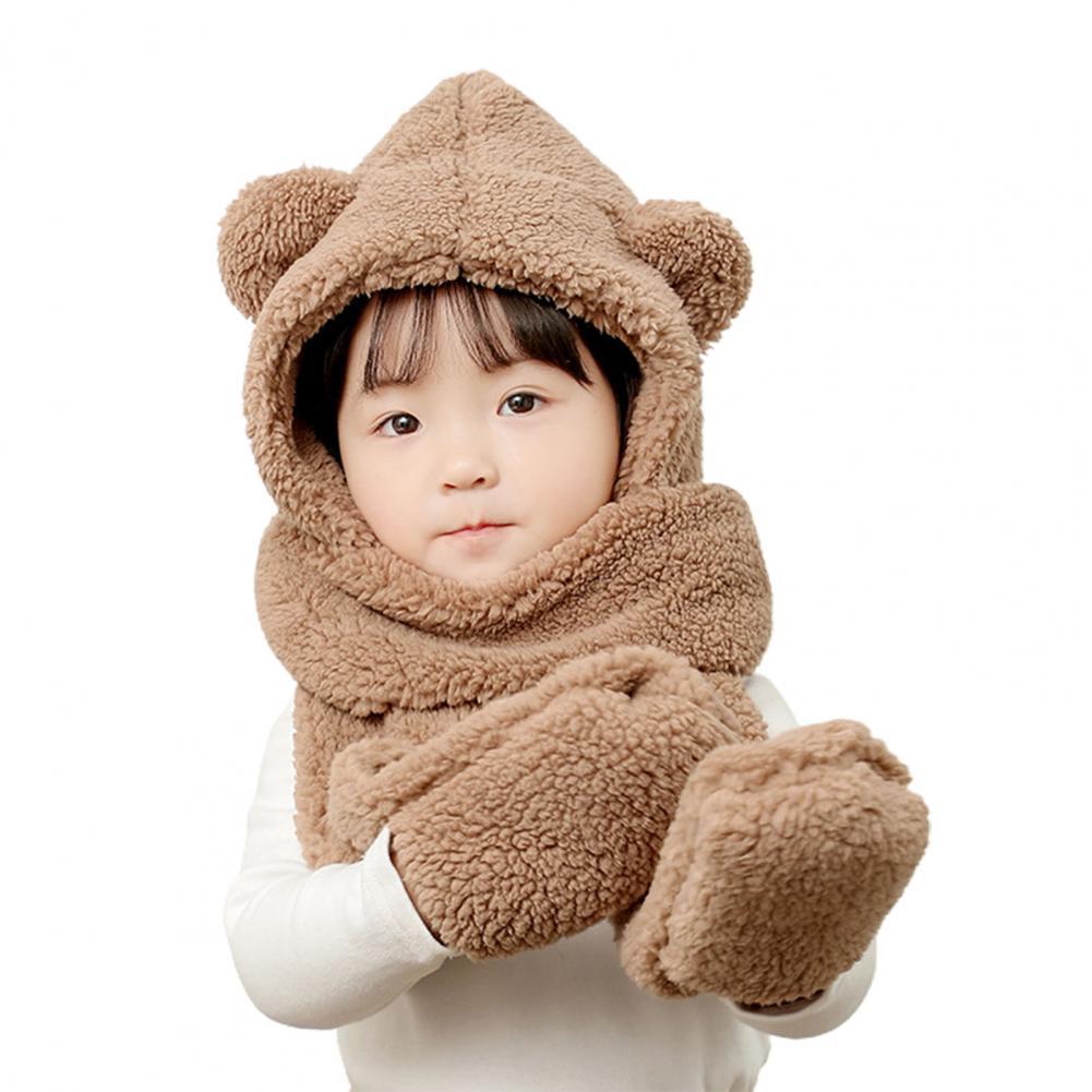 Unisex kids plush bear ear hat and scarf set, perfect for cold weather protection