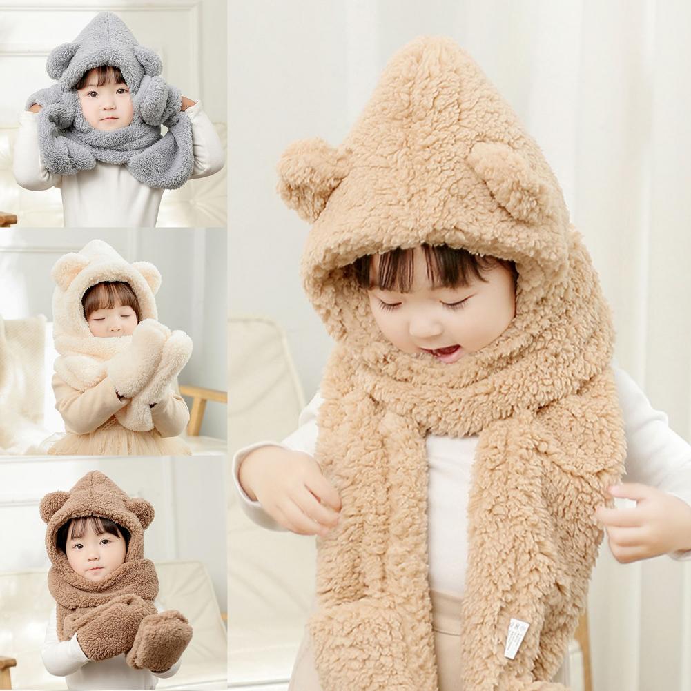 Soft brown plush bear ear scarf hat, a cute and practical kidswinterhat