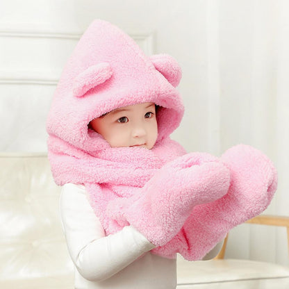 Baby fashion winter accessory: bear ear hat with long scarf, providing full coverage