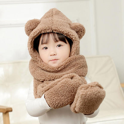 Cozy childrenswear: plush bear ear hat and attached scarf for extra warmth