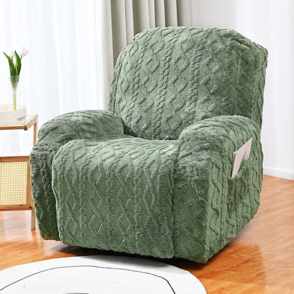 Plush cable knit jacquard recliner cover for cozy comfort & furniture protection in living room.