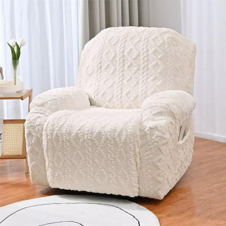 Anti-slip plush cable knit jacquard recliner slipcover for winter warmth & stylish home decor.