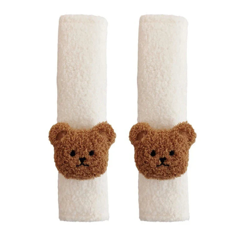 Unisex car seat belt shoulder pad, 'Bear Hug' plush, adds comfort and fun to child's travel