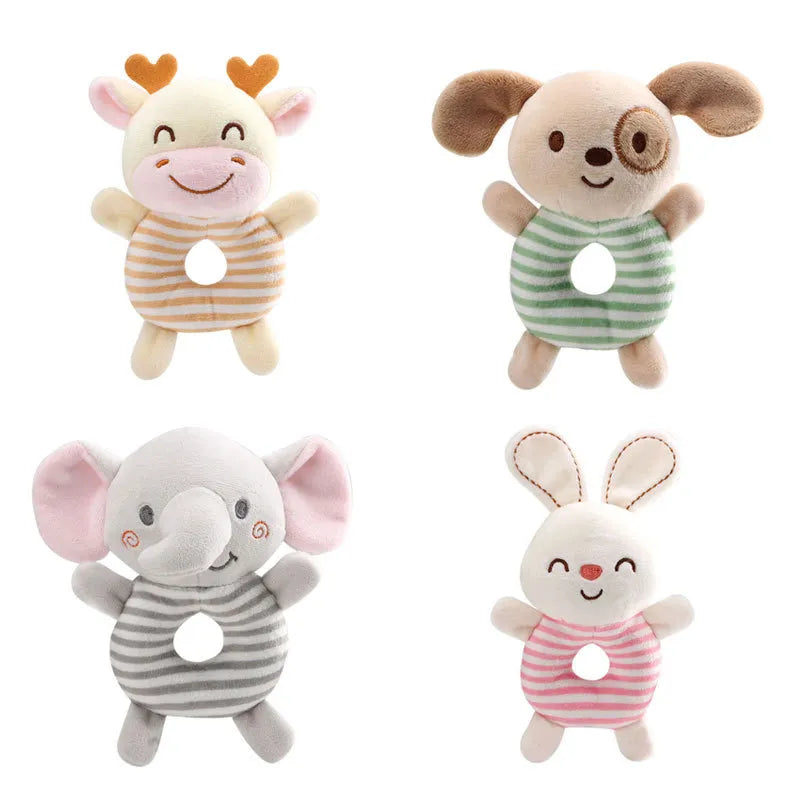 Plush cartoon elephant baby rattle toy with a soft, crinkly ear, perfect for sensory play and infant development.