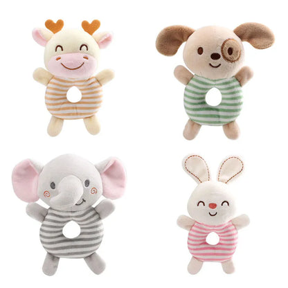Plush cartoon elephant baby rattle toy with a soft, crinkly ear, perfect for sensory play and infant development.