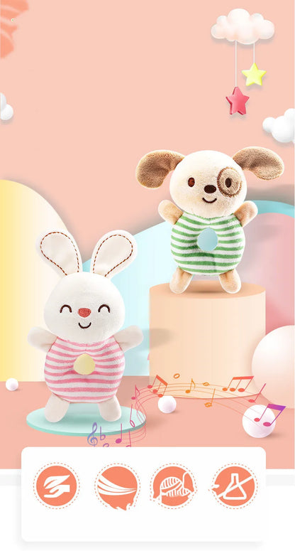 Plush owl baby rattle, soft and cuddly, designed with a hand ring for easy grasping by little hands.