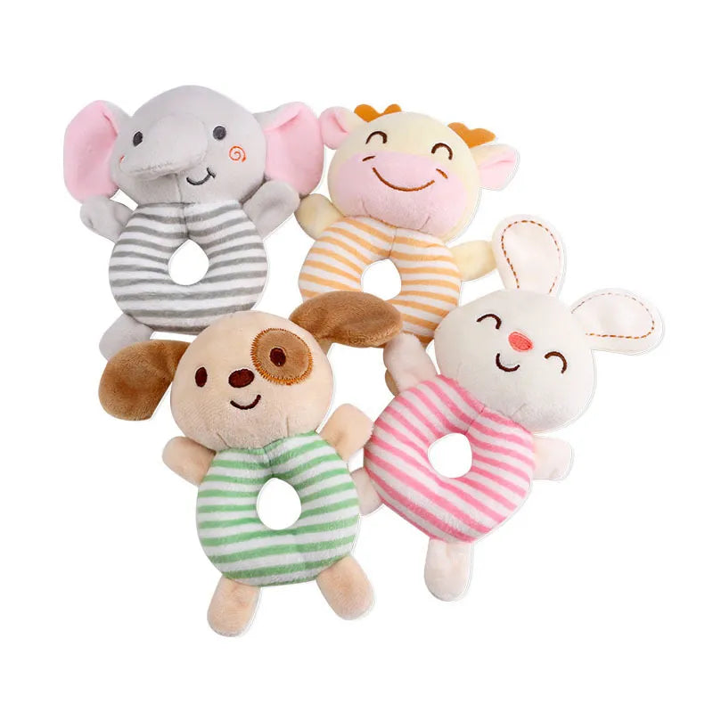 Cute plush squirrel baby rattle with a tactile tail and ring handle, perfect for baby's early development.