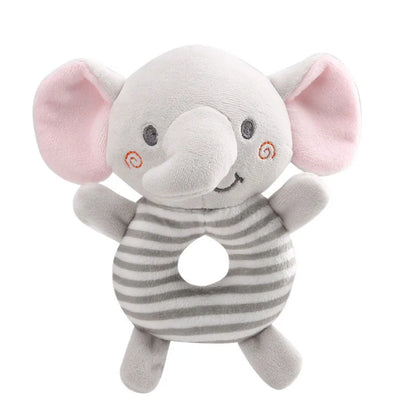 Cartoon penguin plush baby rattle, black and white, with a durable hand ring, a delightful sensory toy for babies.