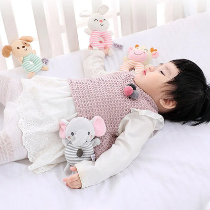 Unisex soft plush lion baby rattle with a ring handle, designed for small hands, a great newborn gift.