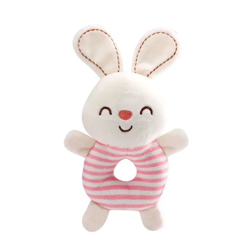 Soft cartoon bunny plush baby rattle toy, unisex design, perfect for stimulating baby's senses.