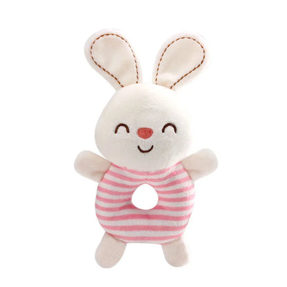 Soft cartoon bunny plush baby rattle toy, unisex design, perfect for stimulating baby's senses.