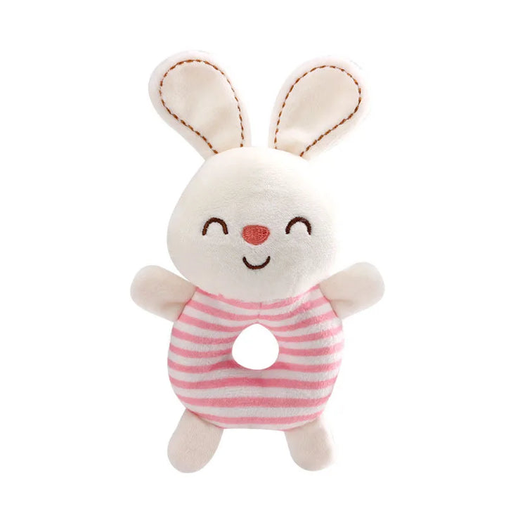 Soft cartoon bunny plush baby rattle toy, unisex design, perfect for stimulating baby's senses.