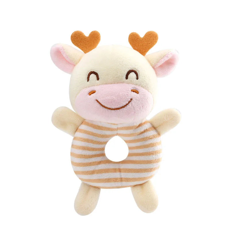 Adorable plush dinosaur baby rattle toy with a hand-friendly ring, enhancing infant engagement and play.