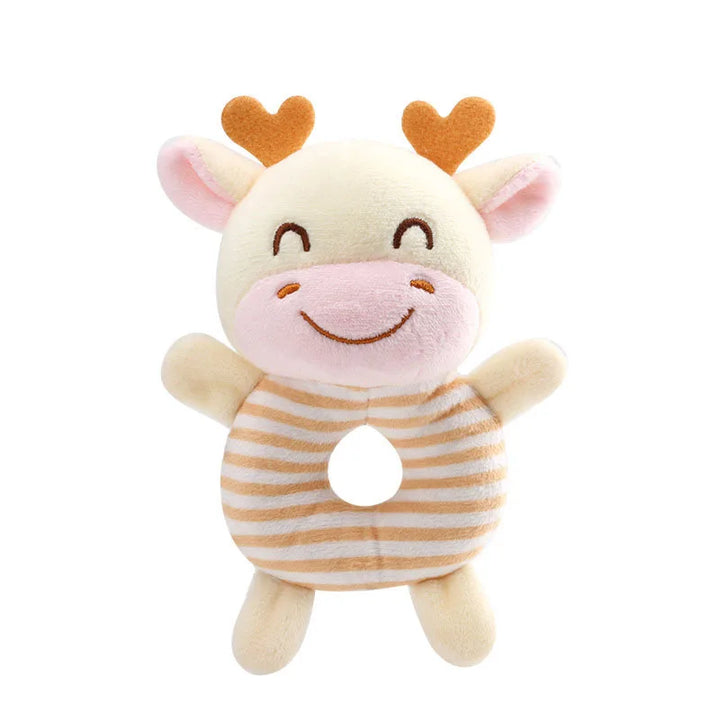 Adorable plush dinosaur baby rattle toy with a hand-friendly ring, enhancing infant engagement and play.
