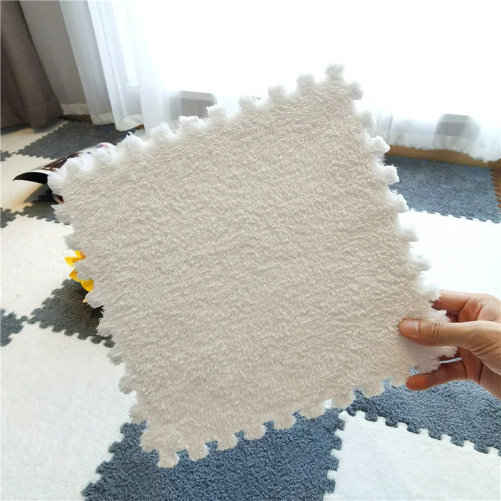 Stylish plush foam mat tiles, enhancing nursery decor while ensuring baby's safety.