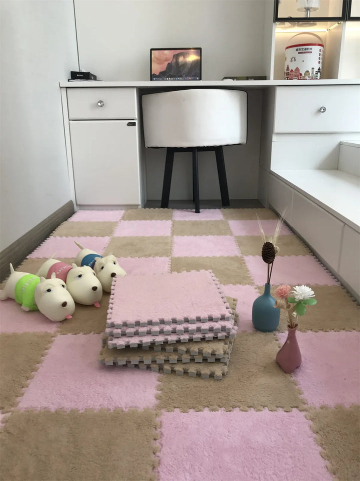 Thick plush foam tiles providing excellent cushioning for baby's playtime activities.