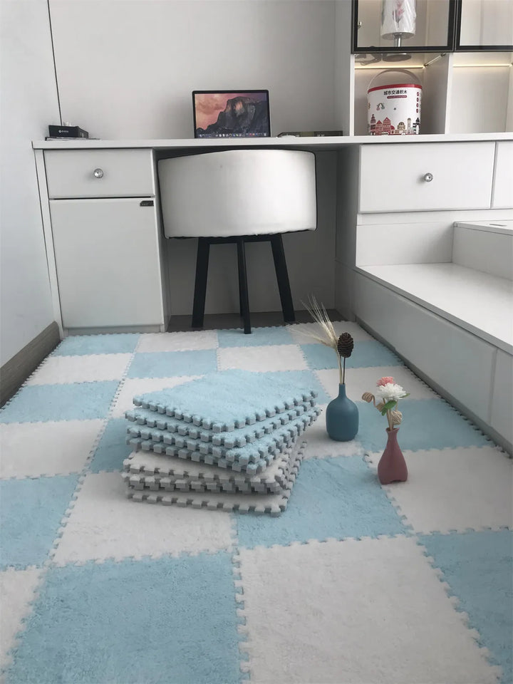 Modular plush foam playmat, adapts to any space for soft & safe baby activity.