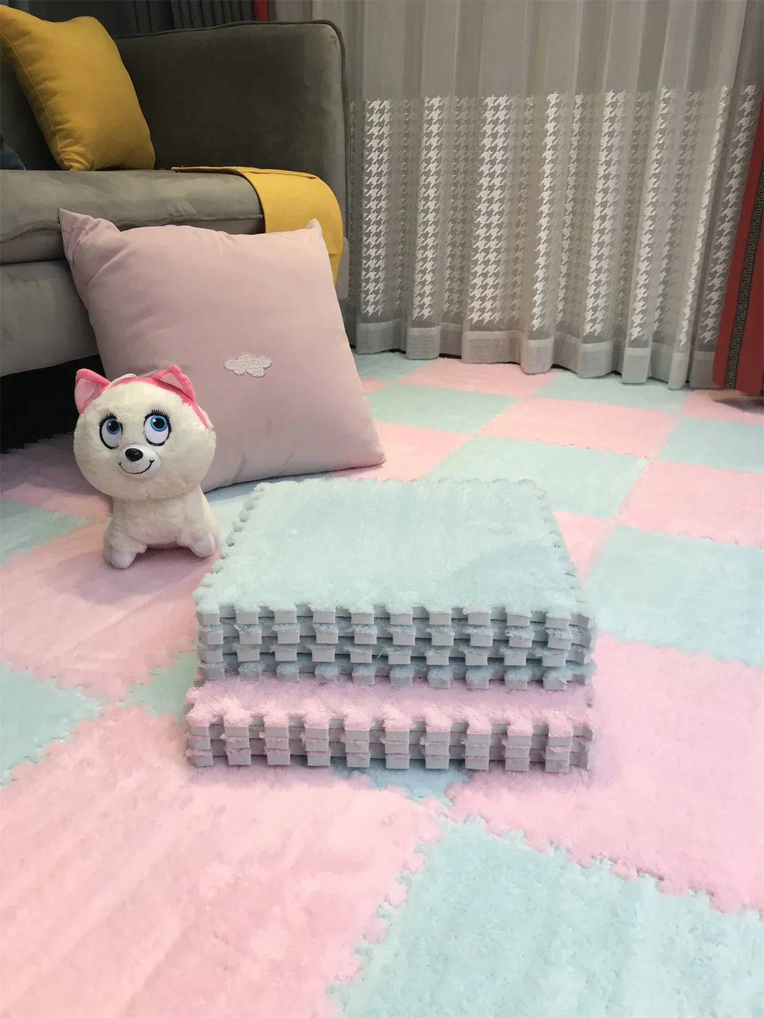 Premium plush foam playmat tiles, essential for a safe, cozy baby nursery setup.