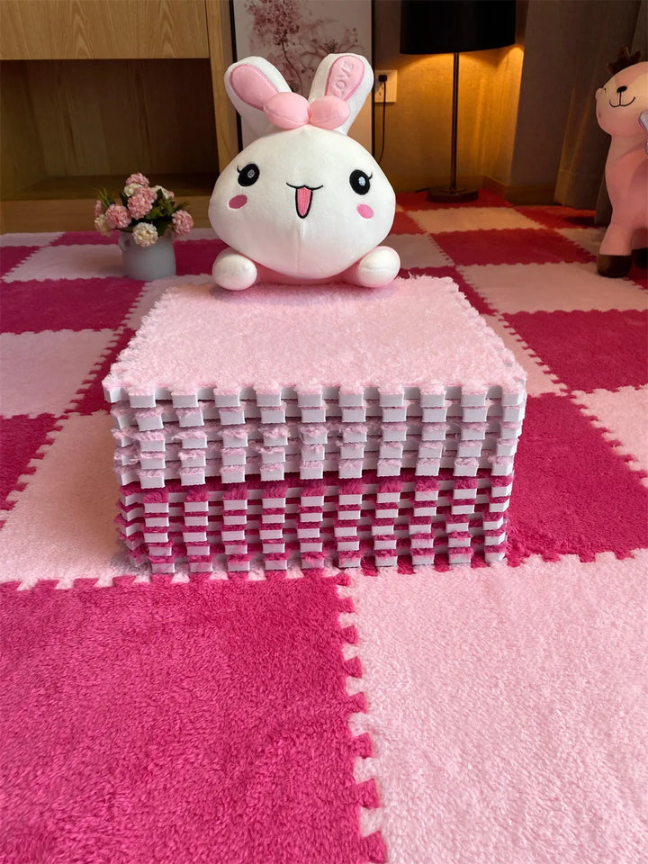 Plush foam crawling tiles, protecting baby from hard floors in the nursery.