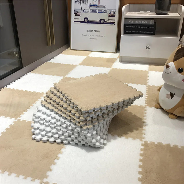 Secure interlocking plush foam tiles for a stable, soft baby play surface.