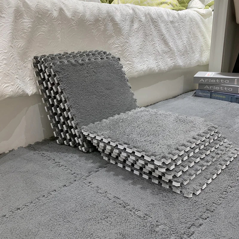 Plush foam crawling mat tiles, providing a soft & safe surface for infant play in nursery.