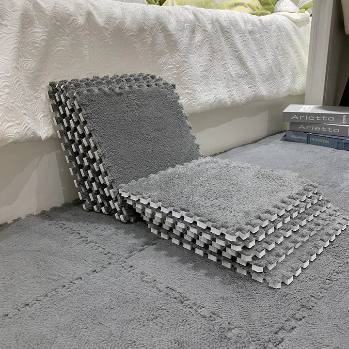 Plush foam crawling mat tiles, providing a soft & safe surface for infant play in nursery.