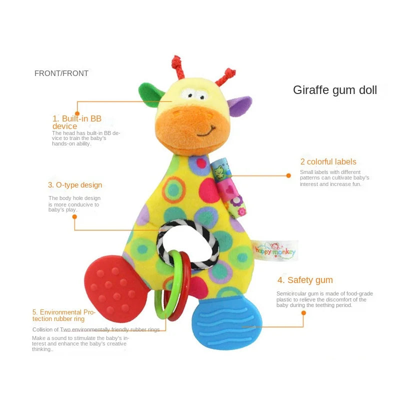Newborn essentials: handheld giraffe plush rattle and teether baby toy.