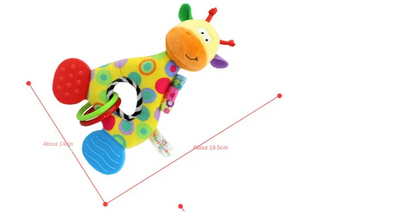 Baby comfort toy: plush giraffe rattle and teether for sensory exploration.