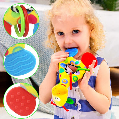Soft animal rattle teether, a developmental baby toy for infant comfort.