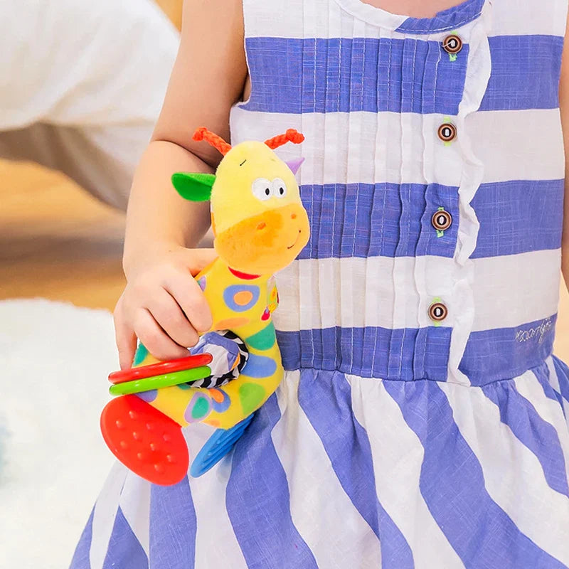 Cute giraffe baby toy with rattle and teether features, a perfect baby gift.