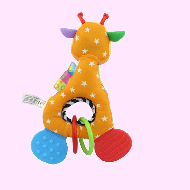 Baby giraffe themed handheld rattle and teether plush, newborn essential.