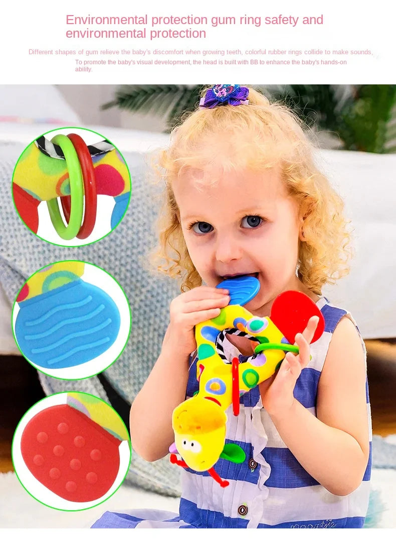 Developmental baby toy: soft giraffe animal rattle and teether for infants.