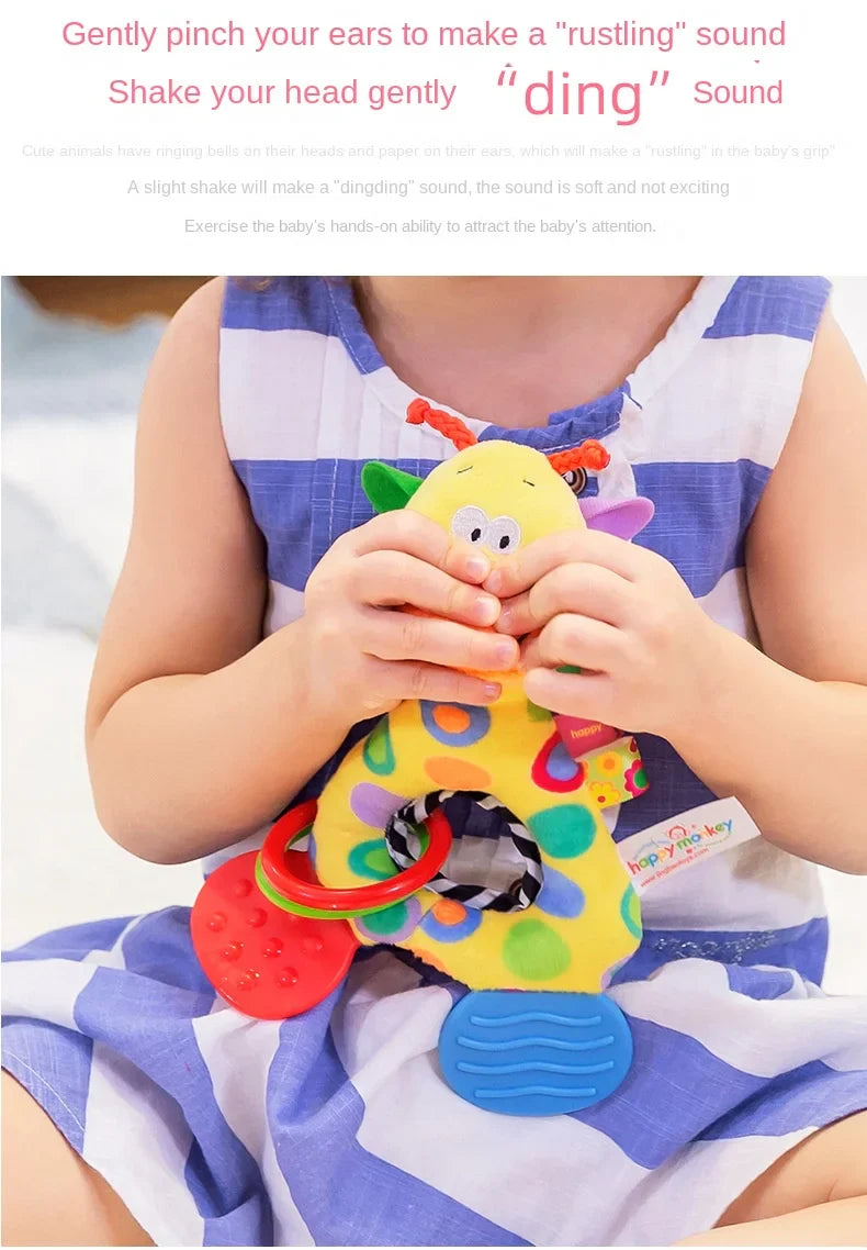 Plush animal rattle and teether for baby, shaped like a friendly giraffe.
