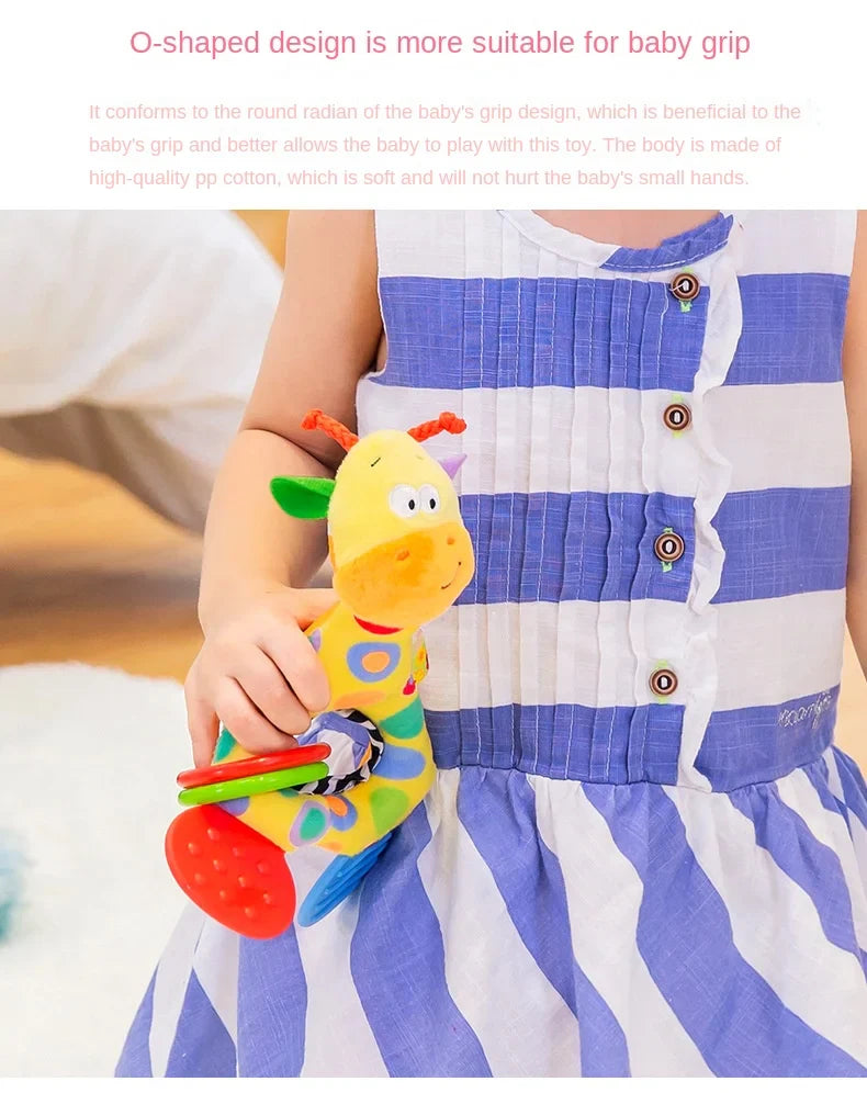 Sensory play giraffe baby rattle and teether, a soft, comforting infant toy.