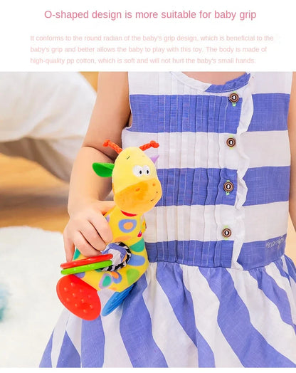 Sensory play giraffe baby rattle and teether, a soft, comforting infant toy.