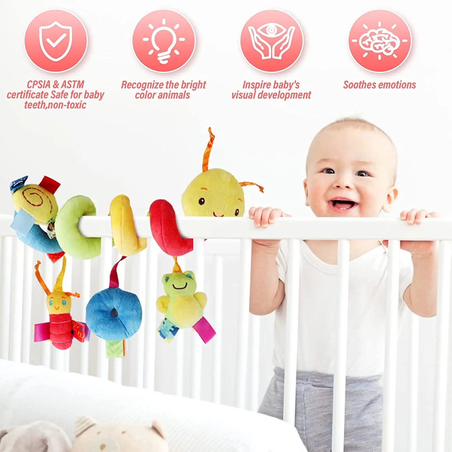 Soft plush owl, fox, and bear hanging toys for baby stroller and crib, developmental infant toys