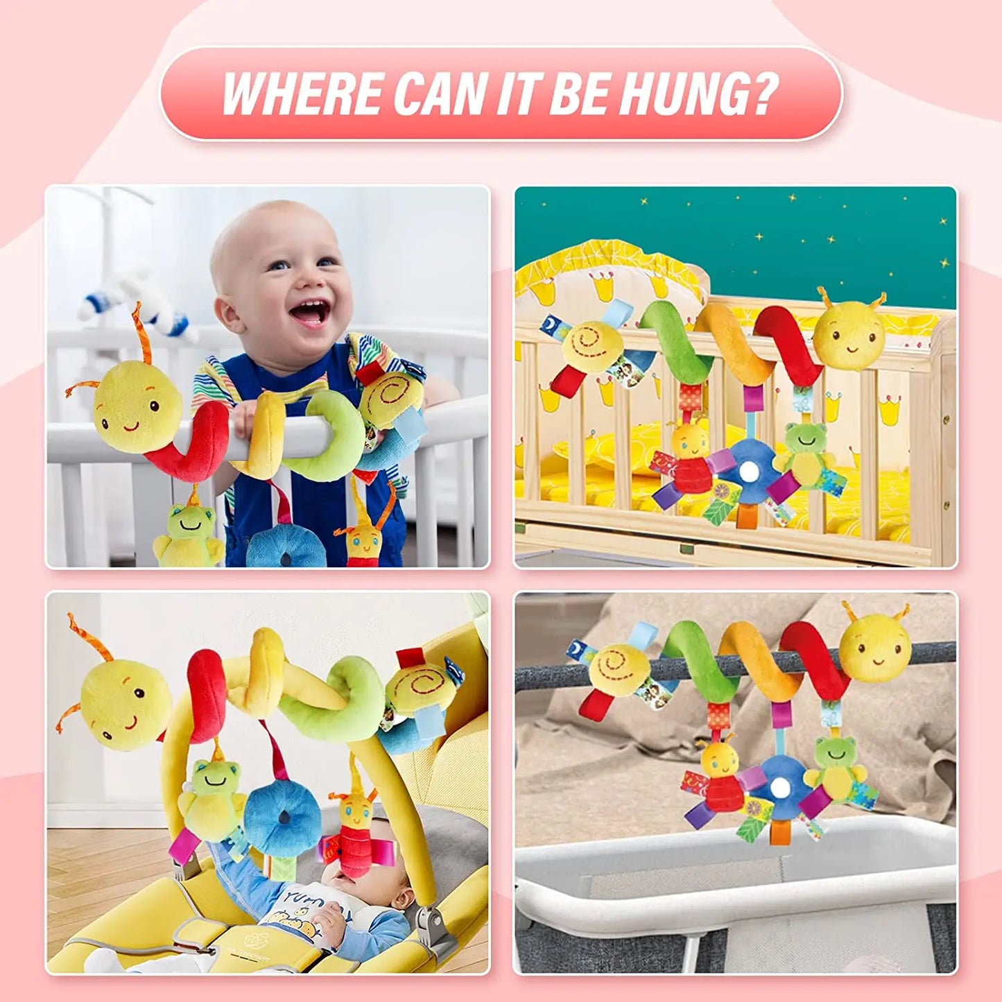 Colorful plush hanging animal toys with crinkles and rattles for stroller and crib, infant activity