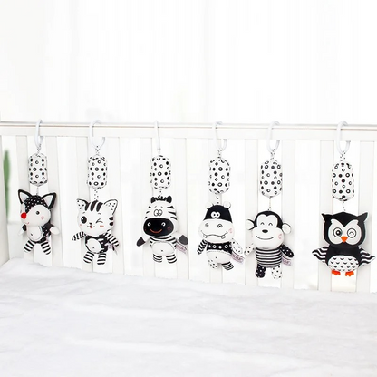 Plush infant sensory rattle toy with colorful animal design for newborn development