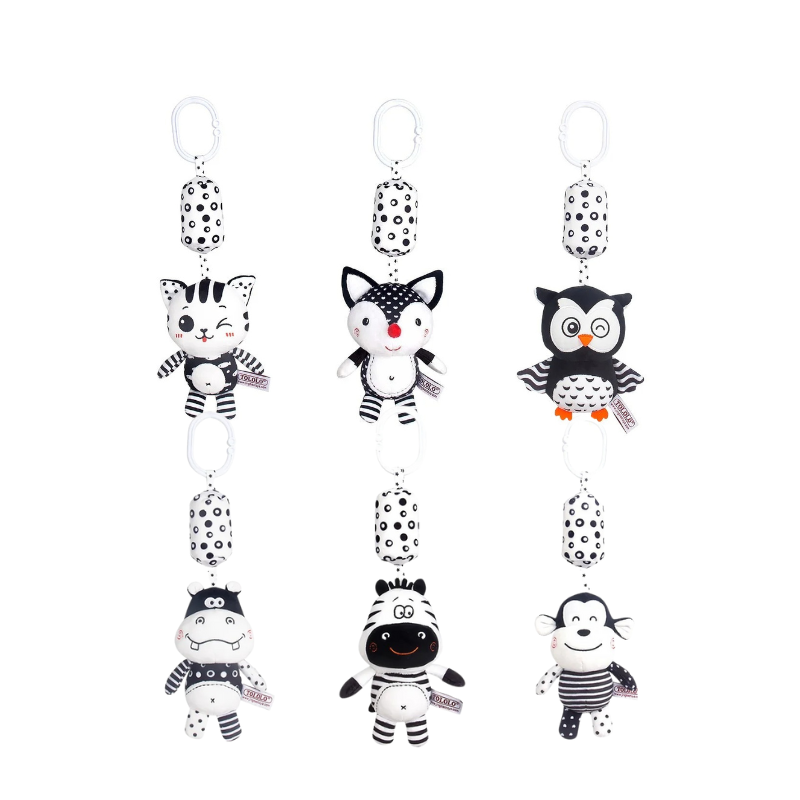 Newborn developmental rattle, featuring a plush animal and vibrant colors, ideal for strollers