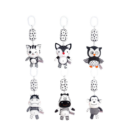 Newborn developmental rattle, featuring a plush animal and vibrant colors, ideal for strollers