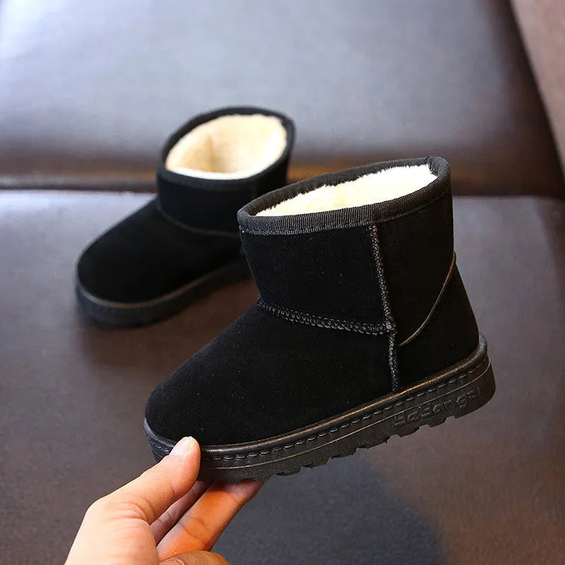 Top-down view of easy-on, easy-off kids' snow boots with hook-and-loop closures, cotton-lined.