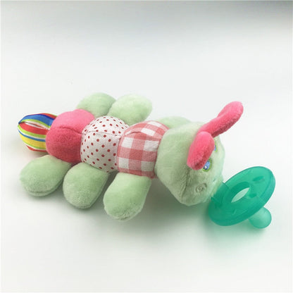 Multi-functional baby pacifier soother, animal plush toy for comfort and silicone nipple for teething relief.